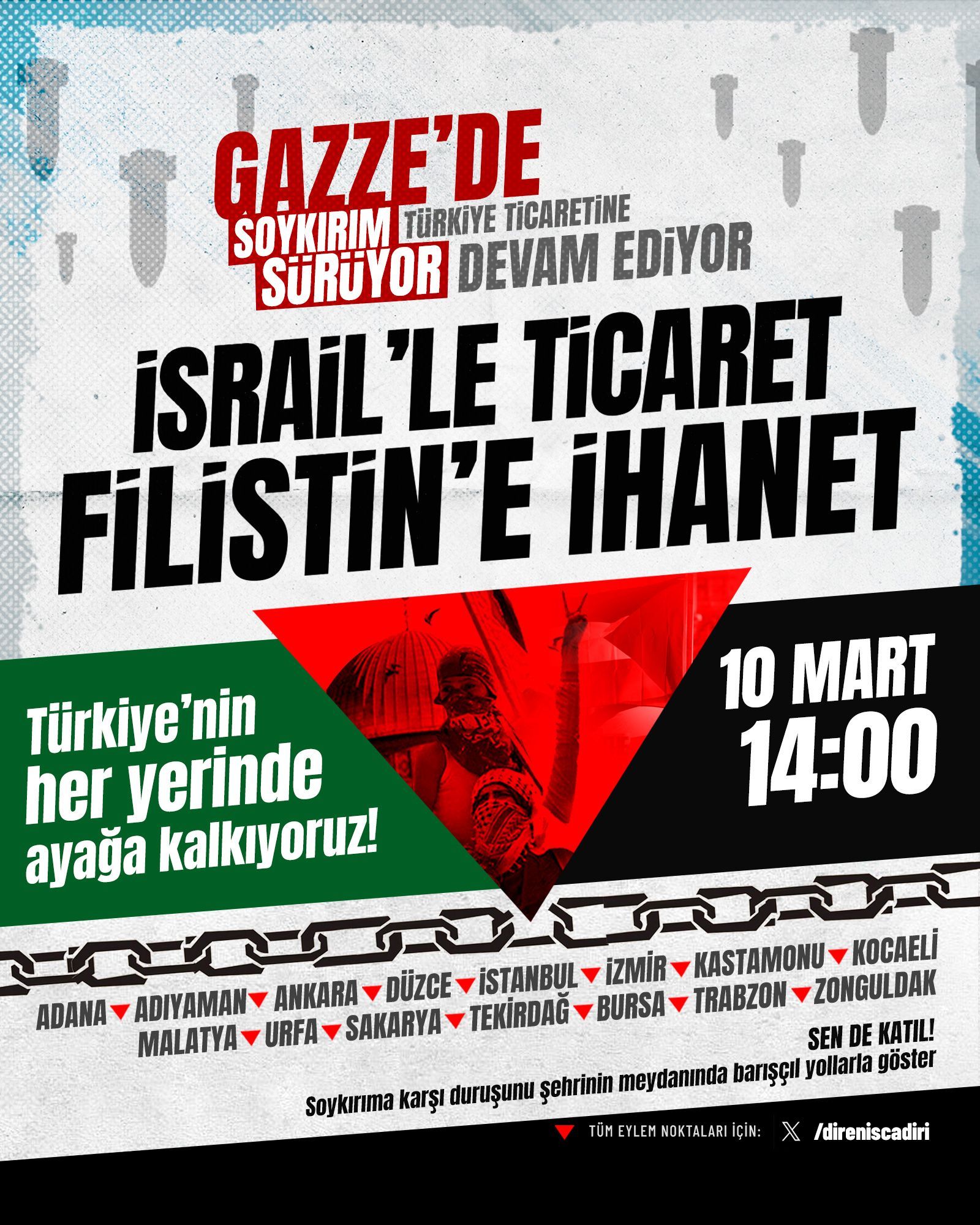 10 MART PAZAR GÜNÜ TÜRKİYE'NİN BİRÇOK İLİNDE 'İSRAİL İLE TİCARET FİLİSTİN'E İHANET' EYLEMİ YAPILACAK (DAVET)