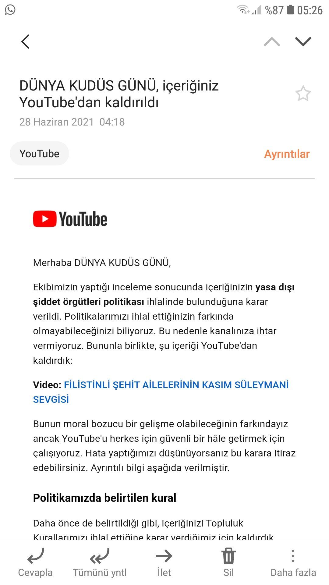 YOUTUBE ‘FİLİSTİNLİ ŞEHİT AİLELERİNİN KASIM SÜLEYMANİ SEVGİSİ’ BAŞLIKLI VİDEOMUZU YAYINDAN KALDIRDI